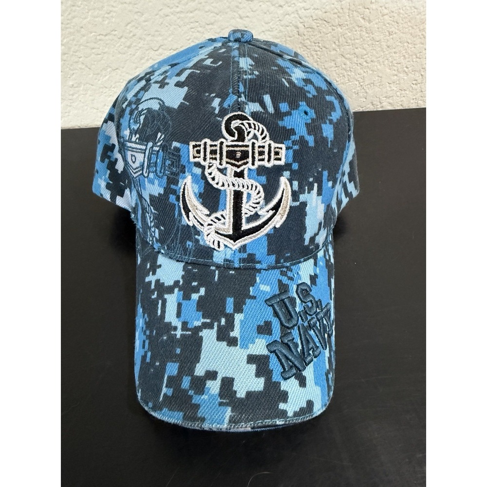 NWT US Navy authentic blue‎ digital camo print, big anchor strapback hat cap